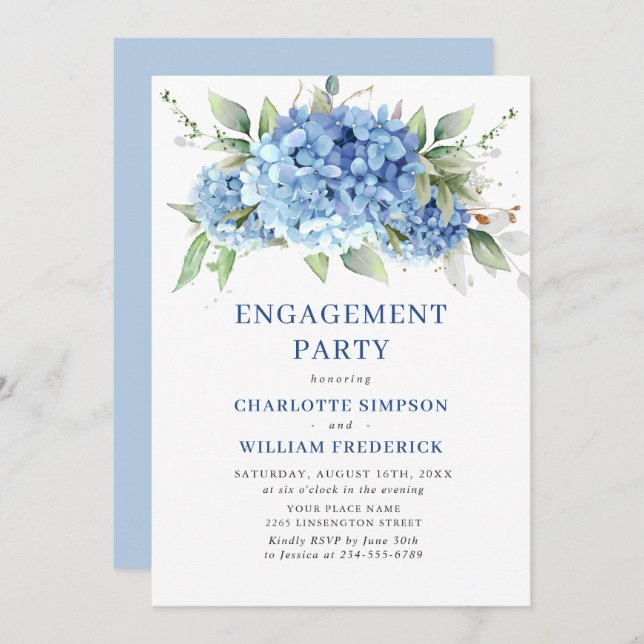 Elegante Watercolor Blue Hydrangea ENGAGEMENT PART Einladung (Vorne/Hinten)