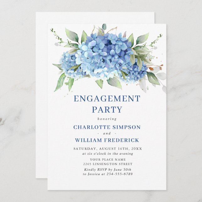 Elegante Watercolor Blue Hydrangea ENGAGEMENT PART Einladung (Vorne/Hinten)