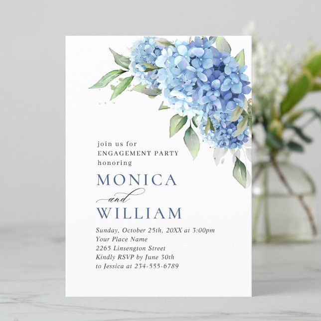 Elegante Watercolor Blue Hydrangea ENGAGEMENT PART Einladung (Von Creator hochgeladen)