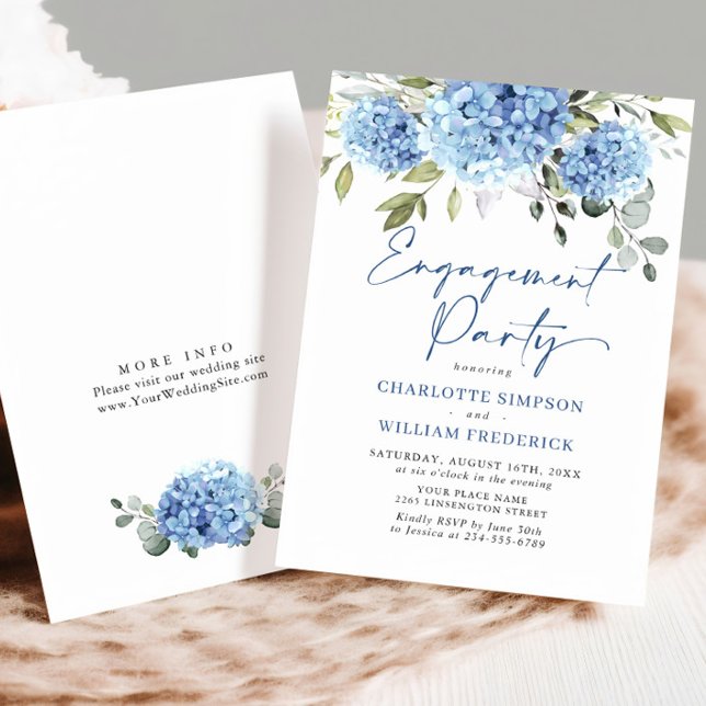 Elegante Watercolor Blue Hydrangea ENGAGEMENT PART Einladung (Von Creator hochgeladen)