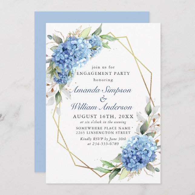 Elegante Watercolor Blue Hydrangea ENGAGEMENT PART Einladung (Vorne/Hinten)