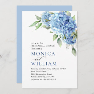 Elegante Watercolor Blue Hydrangea PROBE DINNER Einladung