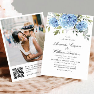 Elegante Watercolor Blue Hydrangea Wedding QR Code Einladung