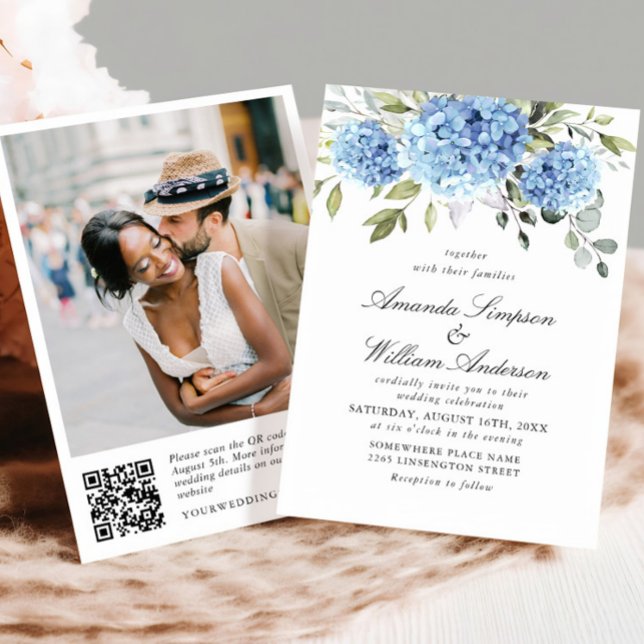 Elegante Watercolor Blue Hydrangea Wedding QR Code Einladung (Von Creator hochgeladen)