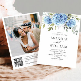 Elegante Watercolor Blue Hydrangea Wedding QR Code Einladung