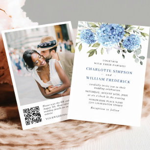 Elegante Watercolor Blue Hydrangea Wedding QR Code Einladung