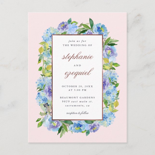 Elegante Watercolor Blue Hydrangeas Floral Wedding Einladungspostkarte (Vorderseite)