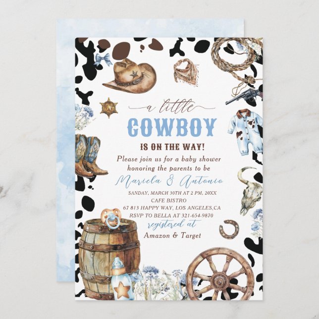 Elegante Watercolor Blue Little Cowboy Baby Shower Einladung (Vorne/Hinten)