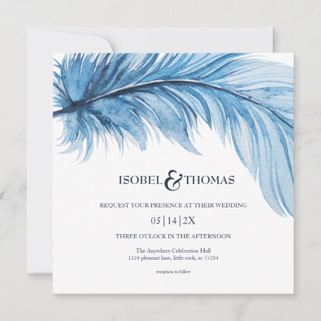 Elegante Watercolor Blue Navy Feather Wedding Einladung (Vorderseite)
