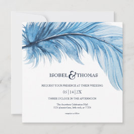 Elegante Watercolor Blue Navy Feather Wedding Einladung