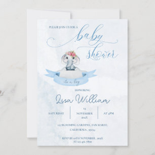 Elegante Watercolor Blue Niedlich Elephant Baby Sh Einladung