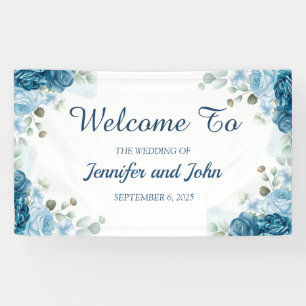 Elegante Watercolor Blue Rose Blumenhochzeit Banner