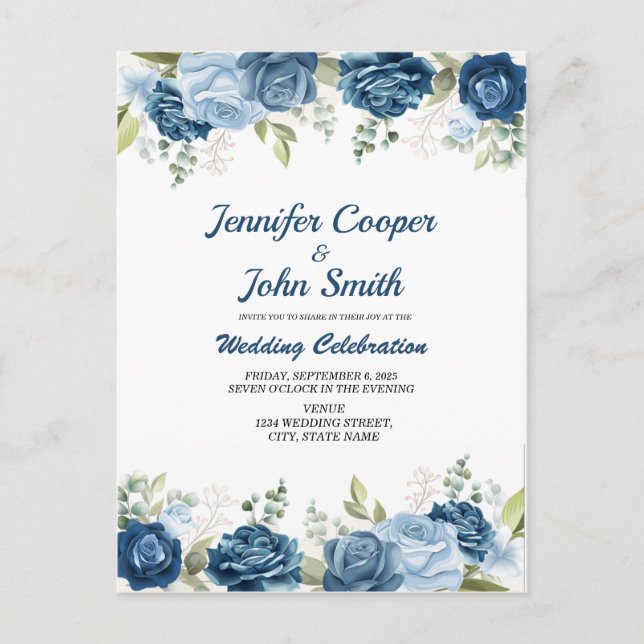 Elegante Watercolor Blue Rose Blumenhochzeit Postkarte (Vorderseite)