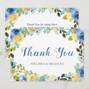 Elegante Watercolor Blue Yellow Rose Garden Weddin Dankeskarte
