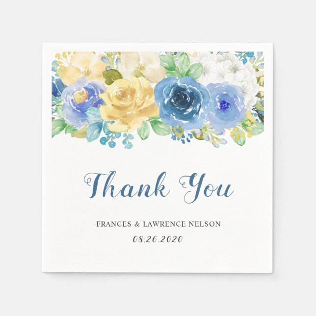 Elegante Watercolor Blue Yellow Rose Garden Weddin Serviette (Vorderseite)