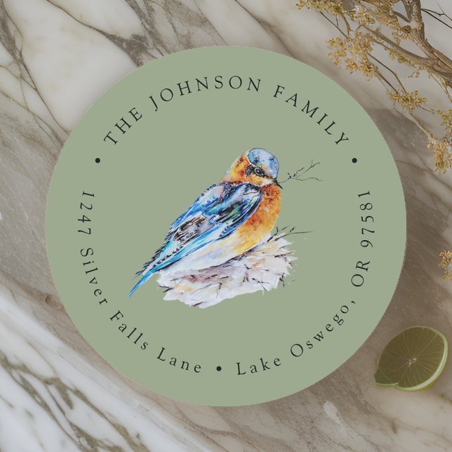 Elegante Watercolor Bluebird Rücksendeadresse Runder Aufkleber (Von Creator hochgeladen)