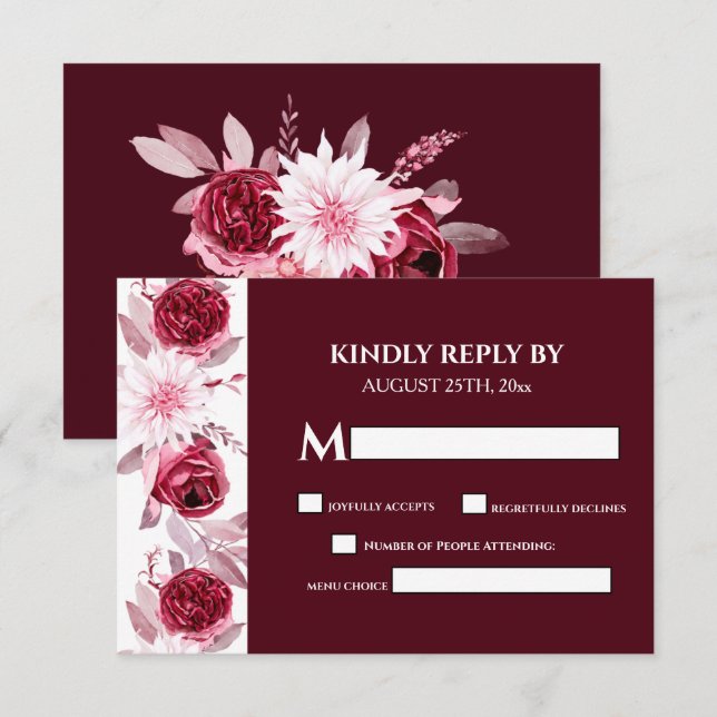 Elegante Watercolor Blume Burgundy Wedding RSVP Karte (Vorne/Hinten)