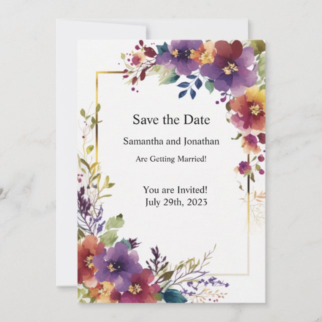 Elegante Watercolor Blume Gold Save the Date Karte (Vorderseite)