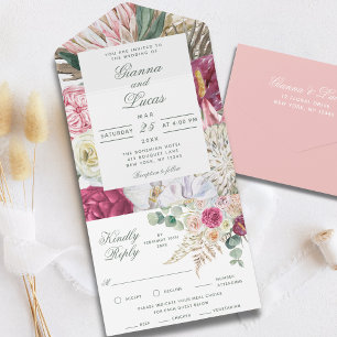 Elegante Watercolor Boho Floral Country Wedding All In One Einladung