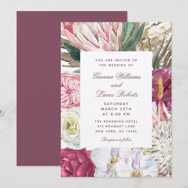 Elegante Watercolor Boho Floral Country Wedding Einladung (Vorne/Hinten)
