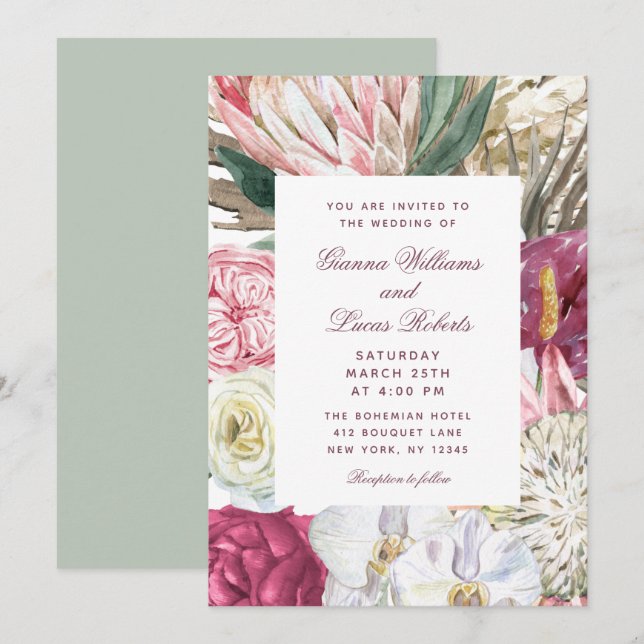 Elegante Watercolor Boho Floral Country Wedding Einladung (Vorne/Hinten)