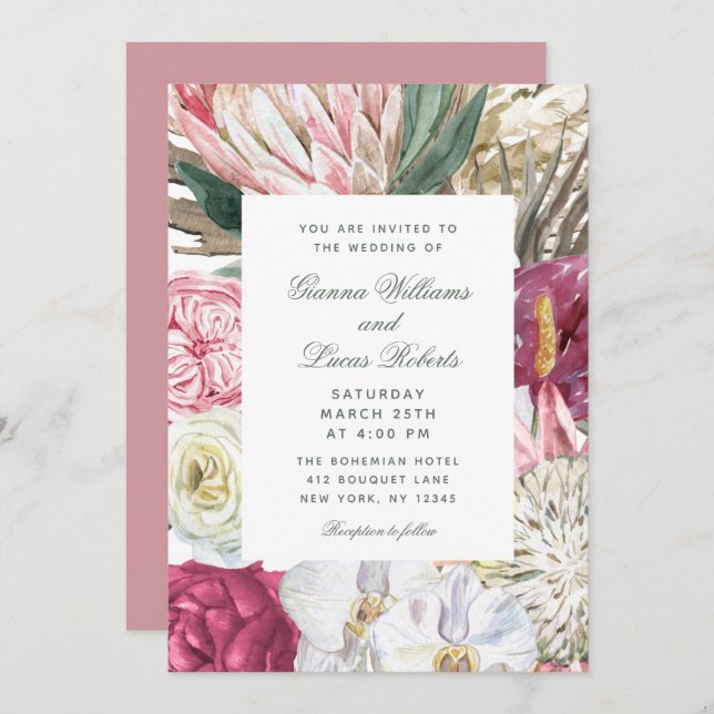 Elegante Watercolor Boho Floral Country Wedding Einladung (Vorne/Hinten)
