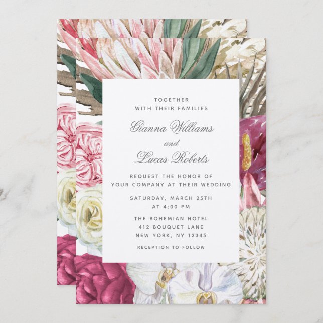 Elegante Watercolor Boho Floral Country Wedding Einladung (Vorne/Hinten)