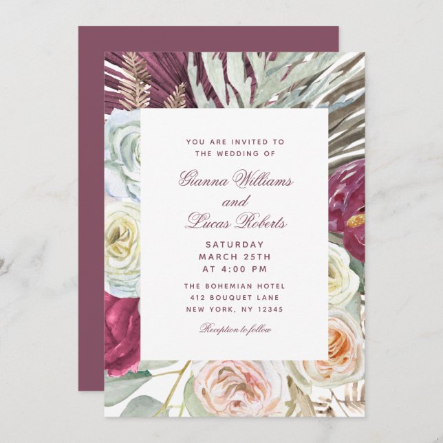 Elegante Watercolor Boho Floral Country Wedding Einladung (Vorne/Hinten)