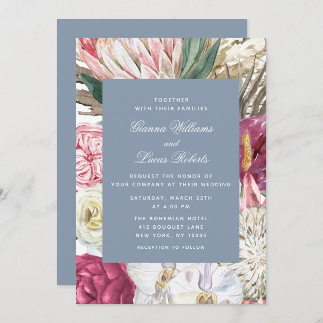 Elegante Watercolor Boho Floral Country Wedding Einladung (Vorne/Hinten)