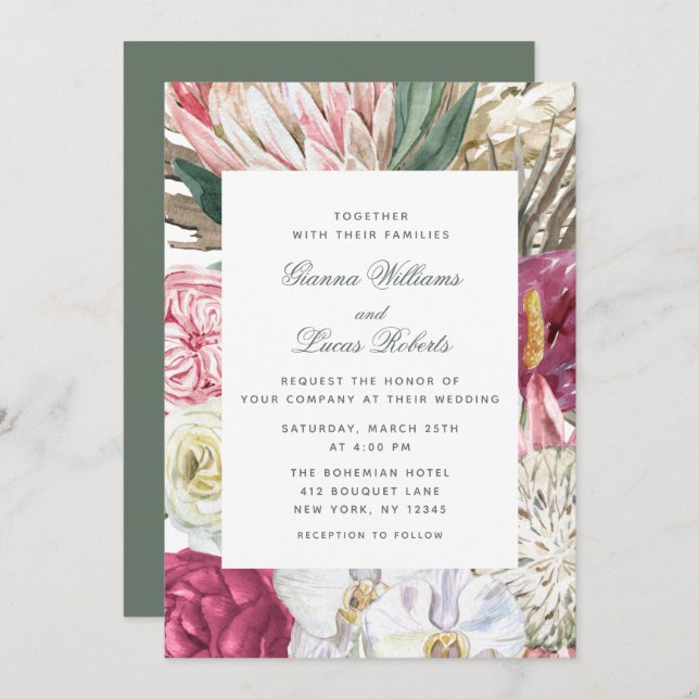 Elegante Watercolor Boho Floral Country Wedding Einladung (Vorne/Hinten)