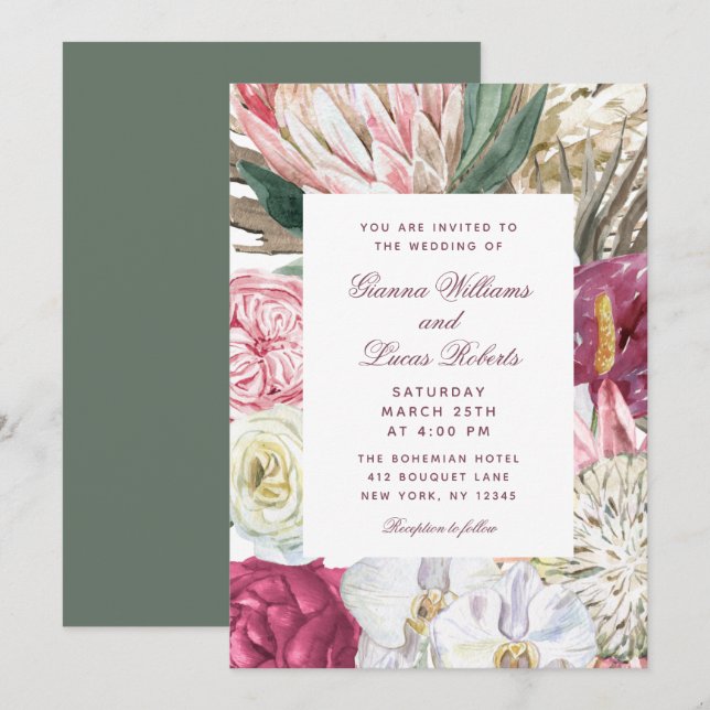 Elegante Watercolor Boho Floral Country Wedding Einladung (Vorne/Hinten)