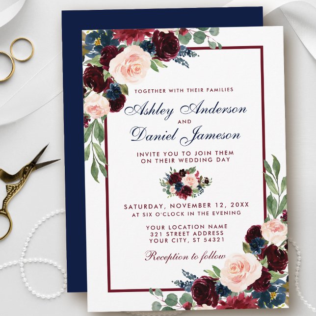 Elegante Watercolor Burgund Blue Floral Wedding Einladung (Customize to change text color, style, add text & photos to back or change color of back of card.)