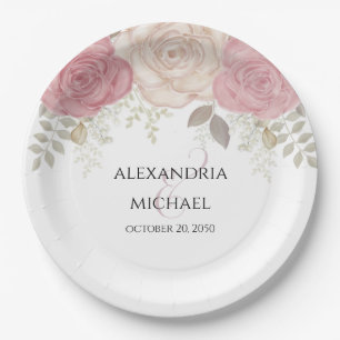 Elegante Watercolor Burgund Blumen Hochzeit Einfac Pappteller