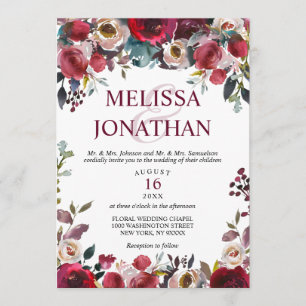 Elegante Watercolor Burgund Blumenhochzeit Einladung