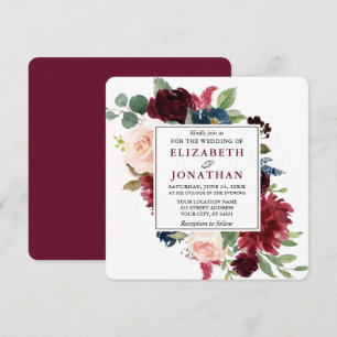 Elegante Watercolor Burgund Floral Wedding Sq Einladung