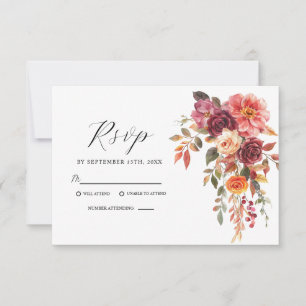 Elegante Watercolor Burgund Orange Hochzeit im Her RSVP Karte