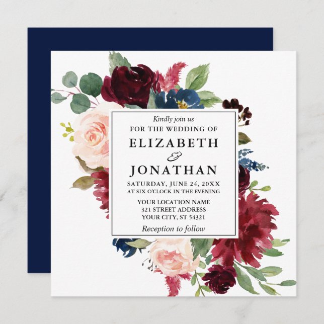 Elegante Watercolor Burgundy Blue Floral Wedding S Einladung (Vorne/Hinten)