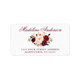 Elegante Watercolor Burgundy Floral Address Adressaufkleber