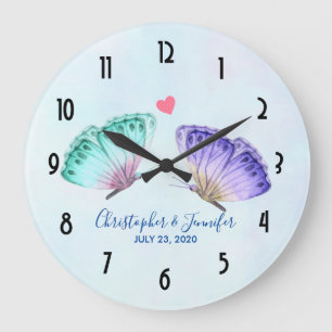 Elegante Watercolor Butterfly-Hochzeit Große Wanduhr