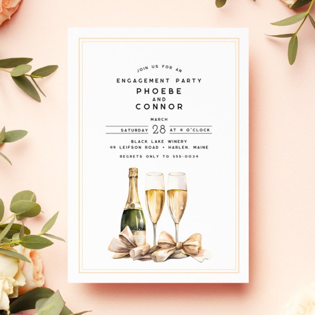 Elegante Watercolor Champagne Bow Engagement Party Einladung (Von Creator hochgeladen)