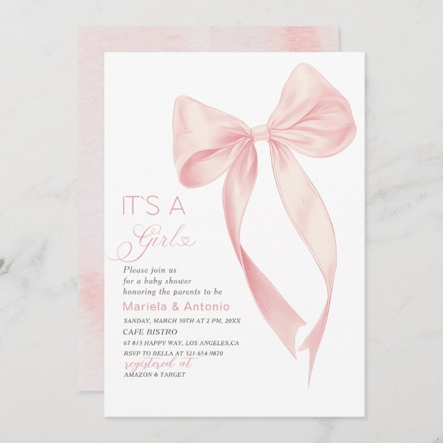 Elegante Watercolor Coquette Pink Bow Girl Baby Sh Einladung (Vorne/Hinten)