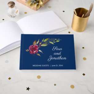 Elegante Watercolor Dunkelblauer Hochzeit Gästebuch