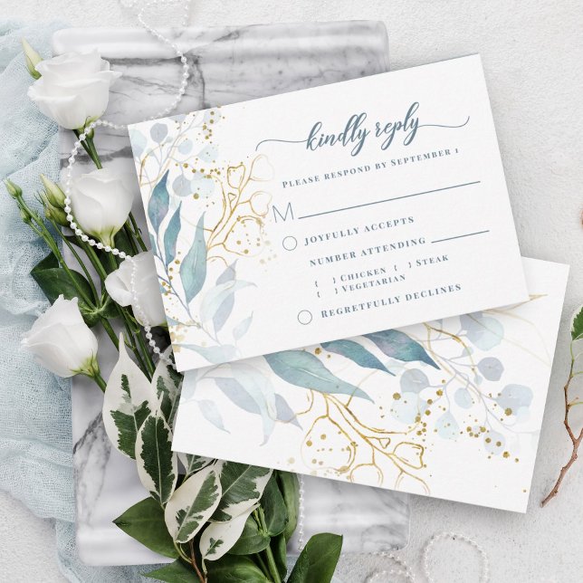 Elegante Watercolor Dusty Blue Floral RSVP Karte (Dusty blue greenery elegant watercolor botanical RSVP meal with gold accents for a bohemian feel.)