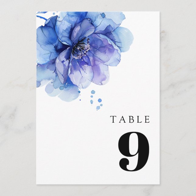 Elegante Watercolor Dusty Blue Floral Tischnummer (Vorderseite)