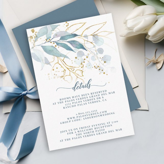 Elegante Watercolor Dusty Blue Gold Blumendetails Begleitkarte (Dusty blue greenery and gold outline elegant design on this details card.)