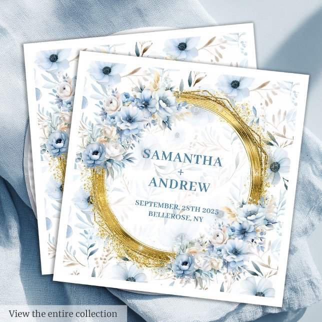 Elegante Watercolor Dusty Blue Gold Wedding Napkin Serviette (Elegant Watercolor Dusty Blue Gold Wedding Napkins

)