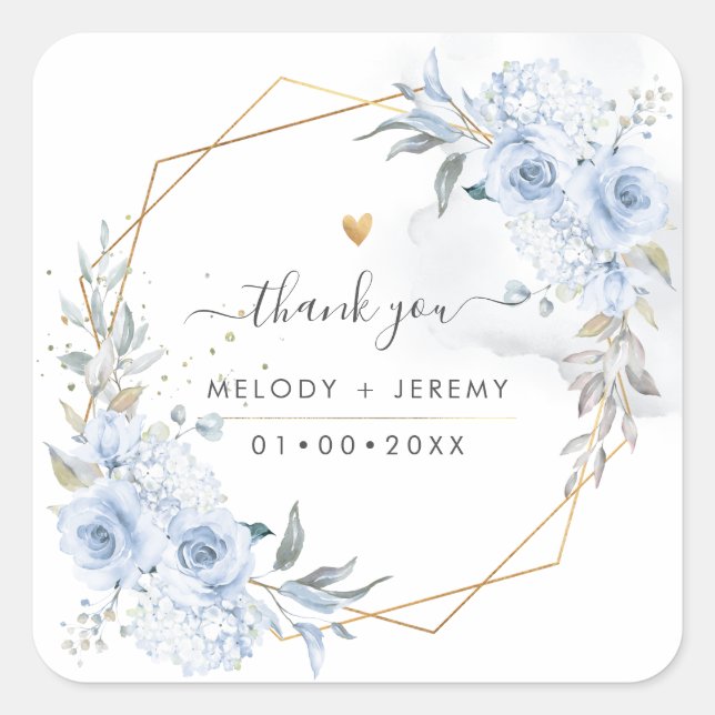 Elegante Watercolor Dusty Blue Rose Vielen Dank Quadratischer Aufkleber (Vorderseite)