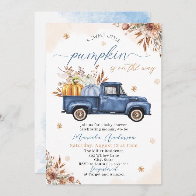 Elegante Watercolor ein süßer kleiner Kürbiskürbis Einladung (Vorne/Hinten)