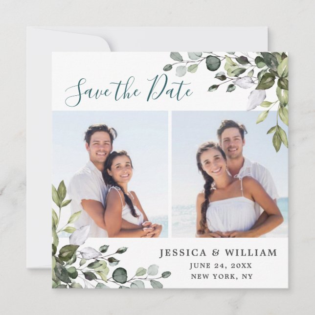 Elegante Watercolor Eucalyptus 2 FOTO Wedding Save The Date (Vorderseite)
