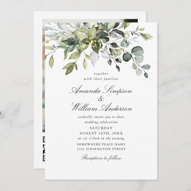 Elegante Watercolor Eucalyptus Foto QR Wedding Einladung (Vorne/Hinten)